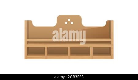 Interior three tiered wooden shelf template. Carved frame with long shelf and cells for books and utensils Stock Vector