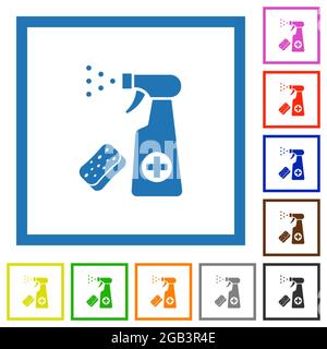 Disinfection spray and sponge flat color icons in square frames on white background Stock Vector