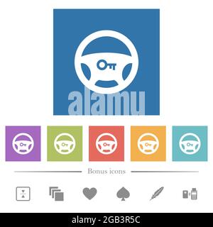 Steering lock flat white icons in square backgrounds. 6 bonus icons included. Stock Vector