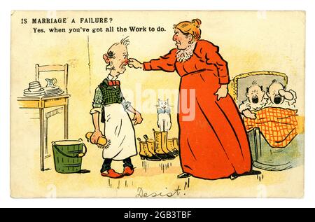 Original Edwardian anti-suffragette comic postcard depicting a bossy , overbearing woman pinching her meek working house husband's nose, 'Is Marriage a failure?', posted May 1907, U.K. Stock Photo