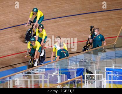 Australia's Alexander Porter reacts after falling the Men's Team Pursuit Qualifying at Izu Velodrome on the tenth day of the Tokyo 2020 Olympic Games in Japan. Picture date: Monday August 2, 2021. Stock Photo