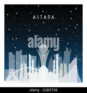 Winter night in Astana. Night city in flat style for banner, poster, illustration, background. Stock Vector