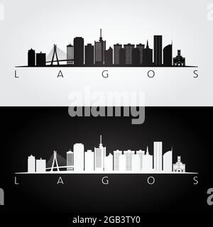 Lagos skyline and landmarks silhouette, black and white design, vector illustration. Stock Vector