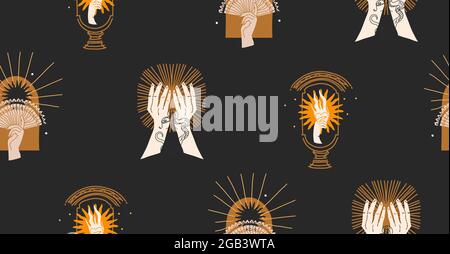 Hand drawn vector abstract stock flat graphic illustration with logo element,bohemian magic line art seamless pattern of woman hand,gold sun,star and Stock Vector