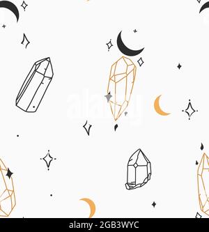 Hand drawn vector abstract stock flat graphic illustration seamless pattern with bohemian magic line art of crystal stone,moon and stars in simple Stock Vector