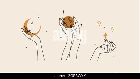 Hand drawn vector abstract stock flat graphic illustration with logo element,bohemian magic line art of woman hand,crescent,star and moon phase in Stock Vector