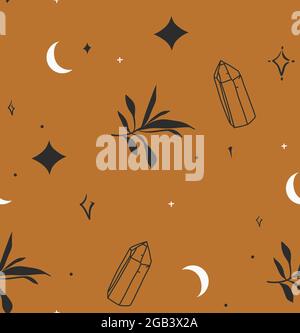 Hand drawn vector abstract stock flat graphic illustration with mystic minimal,bohemian magic art seamless pattern of crystals,flower leaves,stars and Stock Vector