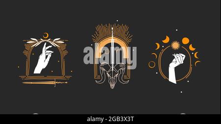 Hand drawn vector abstract stock flat graphic illustration with logo element,bohemian magic line art of gold sun,woman hand and moon phases in simple Stock Vector