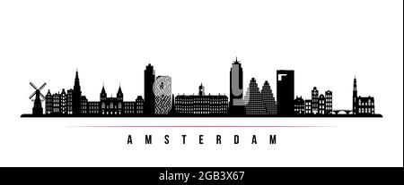 Amsterdam city skyline horizontal banner. Black and white silhouette of Amsterdam city, Netherlands. Vector template for your design. Stock Vector