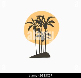 Hand drawn vector abstract stock graphic summer time cartoon,minimalistic illustrations logo element,with beautiful tropical palm trees island Stock Vector