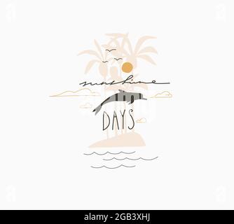 Hand drawn vector abstract stock graphic summer time cartoon,minimalistic illustrations logo,with beautiful tropical palm island silhouette with Stock Vector