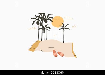 Hand drawn vector abstract stock graphic summer time cartoon,minimalistic line art illustrations print,with beautiful boho beach towel and sunny Stock Vector