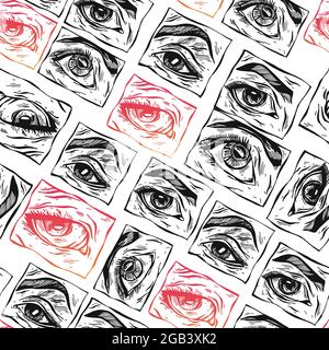 Hand drawn vector abstract flat stock graphic icon illustration sketch seamless pattern with manga female eyes and simple textured collage shapes Stock Vector