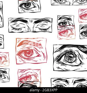 Hand drawn vector abstract flat stock graphic icon illustration sketch seamless pattern with female mystic eyes and simple textured collage shapes Stock Vector