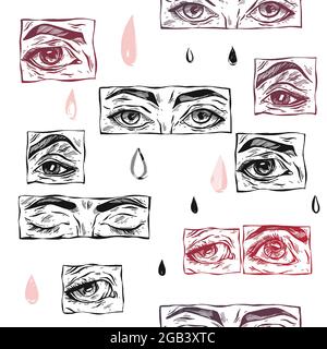 Hand drawn vector abstract flat stock graphic icon illustration sketch ,seamless pattern with manga female eyes,drops and simple textured collage Stock Vector