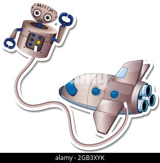 A sticker template with plane and robot isolated illustration Stock Vector
