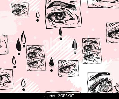 Hand drawn vector abstract flat stock graphic icon illustration sketch seamless pattern with manga female eyes and simple textured collage shapes Stock Vector