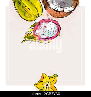 Hand drawn vector abstract stock flat graphic illustration with business card or border template with tropical exotic fruit coconut,carambola and Stock Vector
