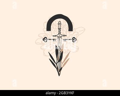 Hand drawn vector abstract stock flat graphic illustration with logo elements ,sword and flowers, magic line art in simple style for branding Stock Vector