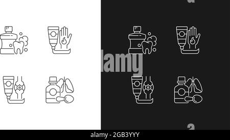 Medical treatment options linear icons set for dark and light mode. Mouthwash for oral health. Cough syrup. Customizable thin line symbols. Isolated v Stock Vector