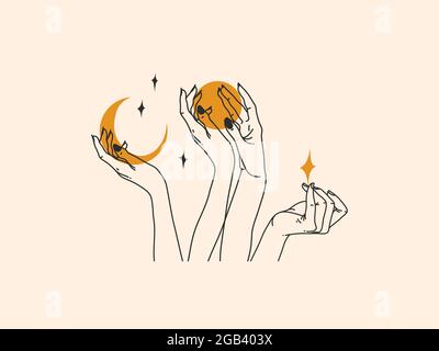 Hand drawn vector abstract stock flat graphic illustration with logo elements ,woman fashion magic line art hands touch moonand stars in simple style Stock Vector