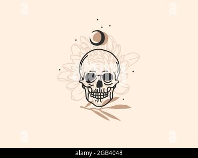 Hand drawn vector abstract stock flat graphic illustration with logo elements ,skull and flowers, magic line moon art in simple style for branding Stock Vector