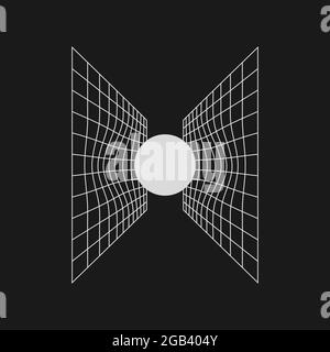 The sphere distorts space. Retrofuturistic design element. Gravity concept. Distorted perspective grids with the sphere in cyberpunk 80s style. Design Stock Vector