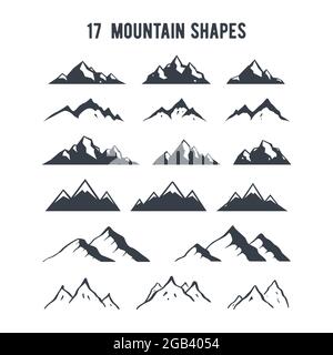 Set of hand drawn mountain silhouettes. Mountains peaks for creating logo, badges and emblems. Stock Vector