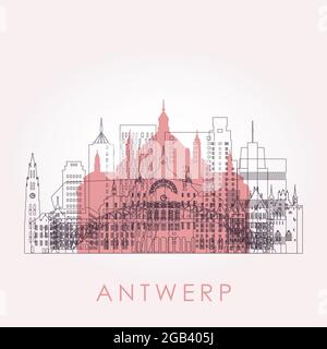 Outline Antwerp skyline with landmarks. Vector illustration. Business travel and tourism concept with historic buildings. Image for presentation, bann Stock Vector