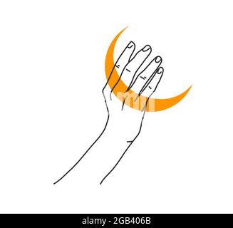Hand drawn vector abstract stock flat graphic illustration with logo elements ,woman fashion magic line art hands touch moonand stars in simple style Stock Vector