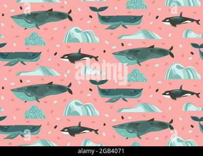 Hand drawn vector abstract stock flat cartoon graphic summer time underwater ocean illustrations seamless pattern with coral reefs,beauty big whales Stock Vector