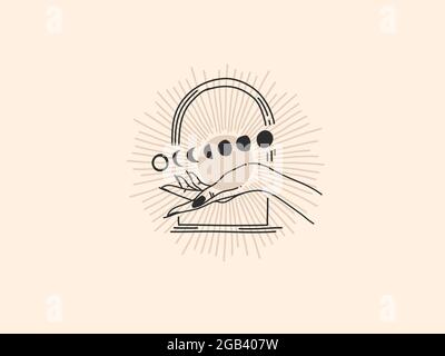 Hand drawn vector abstract stock flat graphic illustration with logo elements ,moon phase and female hand in arch , magic line art in simple style for Stock Vector