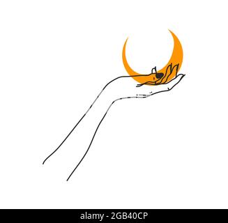 Hand drawn vector abstract stock flat graphic illustration with logo elements ,woman fashion magic line art hands touch moonand stars in simple style Stock Vector