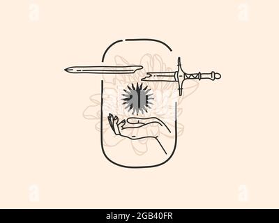 Hand drawn vector abstract stock flat graphic illustration with logo elements ,sword and sun , magic line art in simple style for branding ,isolated Stock Vector