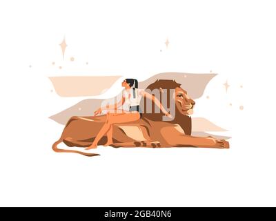 Hand drawn vector stock abstract flat graphic illustration with zodiac astrological sign lion with beauty magic female collection ,cartoon animal Stock Vector