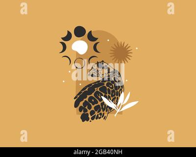 Hand drawn vector abstract stock flat graphic illustration with logo elements leopard and moon phase,sun,magic art in simple style for branding Stock Vector