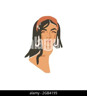 Hand drawn vector abstract stock flat graphic contemporary line art,aesthetic fashion illustration with bohemian,beautiful modern female portrait in Stock Vector