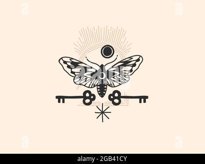 Hand drawn vector abstract stock flat graphic illustration with logo elements ,moth and key , magic line art in simple style for branding ,isolated on Stock Vector