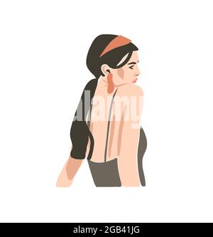 Hand drawn vector abstract stock flat graphic contemporary line art,aesthetic fashion illustration with bohemian,beautiful modern female portrait in Stock Vector