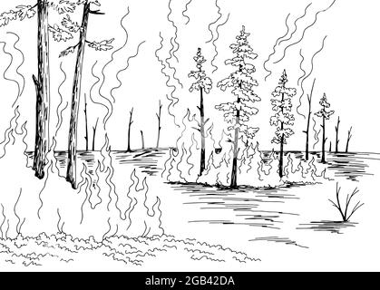 Wildfire graphic black white forest fire landscape sketch illustration vector Stock Vector