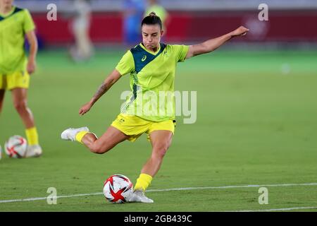 Tokyo, Japan, 2 August, 2021. Hayley Raso of Team Australia warming up during the Women's football Semifinal match between Australia and Sweden on Day 10 of the Tokyo 2020 Olympic GamesTokyo, Japan, 2 August, 2021. . Credit: Pete Dovgan/Speed Media/Alamy Live News Stock Photo