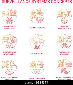 Surveillance systems red concept icons set Stock Vector