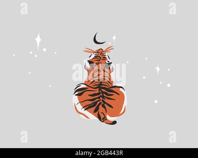 Hand drawn vector abstract stock flat graphic illustration with ethnic tribal mystic beautiful tiger in the wild,and magic stars in simple style Stock Vector