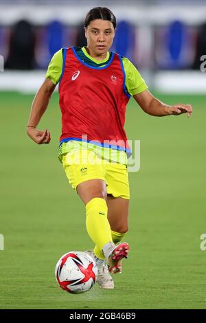 Tokyo, Japan, 2 August, 2021. Sam Kerr of Team Australia warming up during the Women's football Semifinal match between Australia and Sweden on Day 10 of the Tokyo 2020 Olympic Games. Credit: Pete Dovgan/Speed Media/Alamy Live News Stock Photo