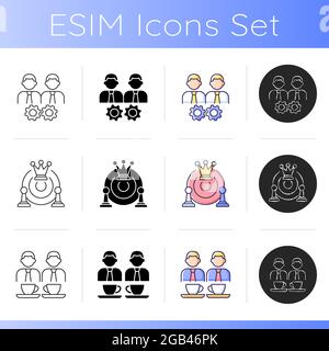 Collective work icons set. Office members interaction. Approach goal together. Employees meetings and team building. Linear, black and RGB color style Stock Vector