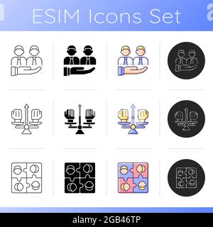 Working together icons set. Group meetings and communication. Conflict management. Coworkers interaction and cohesion. Linear, black and RGB color sty Stock Vector