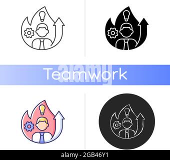Increased motivation icon. Willingness for career raise. Career success. Willpower behavior. Work growth. Bulb, gear and man. Linear black and RGB col Stock Vector