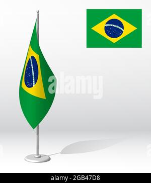 Republic of Brazil flag on flagpole for registration of solemn event, meeting foreign guests. National independence day of Brazil. Realistic 3D vector Stock Vector