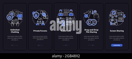 Business messaging option dark onboarding mobile app page screen Stock Vector