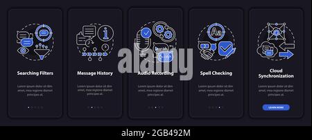 Best messaging feature dark onboarding mobile app page screen Stock Vector